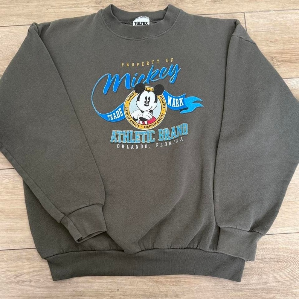 Vintage Mickey Mouse Tultex Sweatshirt USA Made 90s Disney Crewneck Olive Large